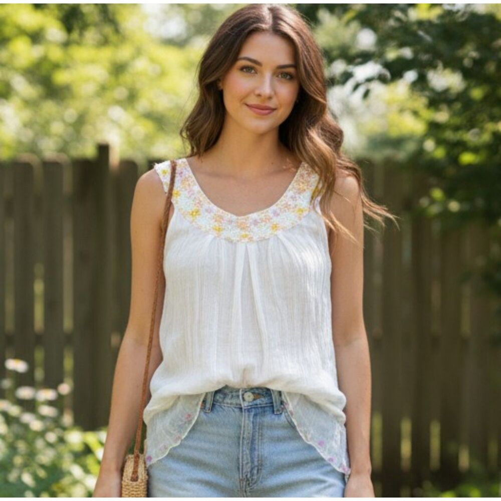 Anthropologie Hazel Embellished Gauzy Silk Top Size M Cream Blouse Artsy Boho